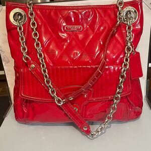 Coach Red Patent Leather Tote Shoulder Bag - Double Chain Straps